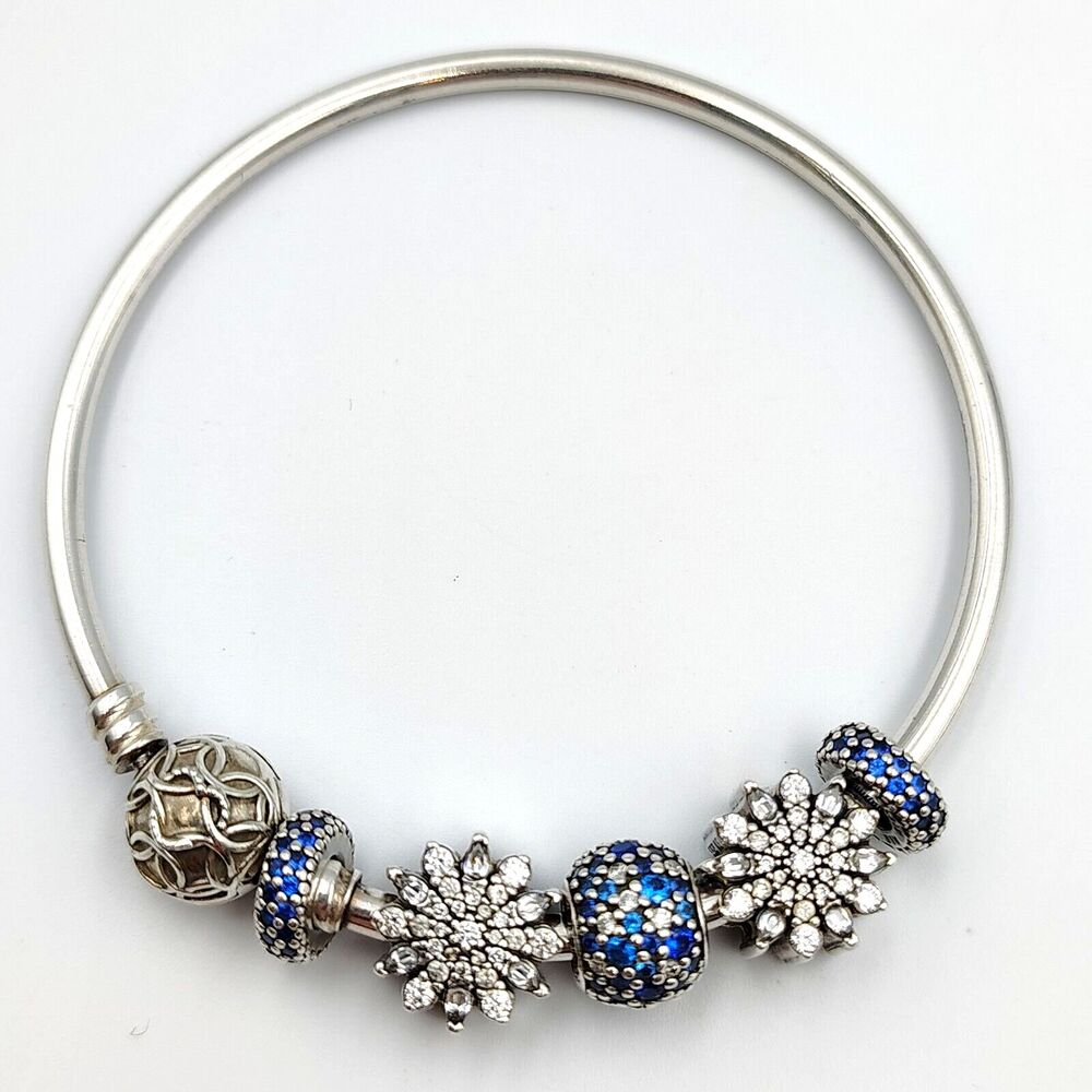 Pandora Sterling 925 Pattern Of Love Bangel Bracelet 5 Charms Clear & Blue CZ